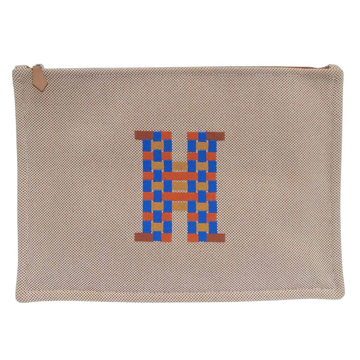 エルメス HERMES Hティサージュ 刺繍 ポーチ コットン ベージュ レディース 4644