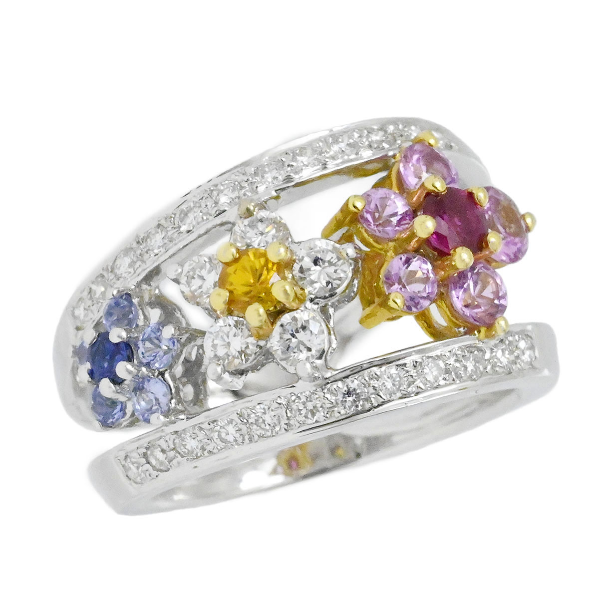 ポンテヴェッキオ Ponte Vecchio K18WG ホワイトゴールド ルビー ダイヤ サファイア マルチストーン フラワーモチーフ リング サイズ11号  3918