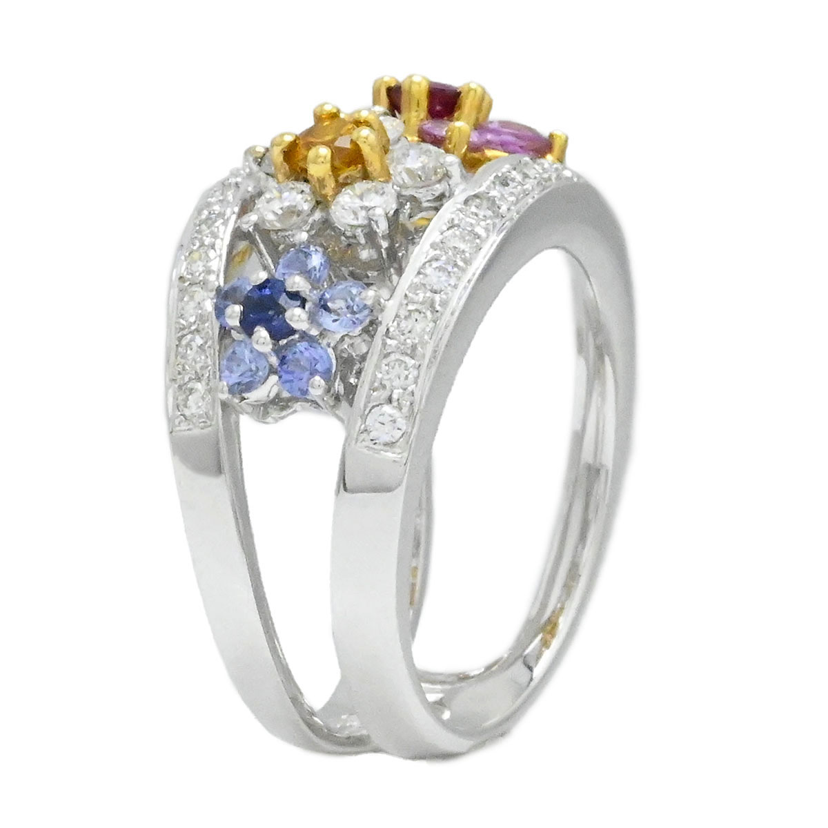 ポンテヴェッキオ Ponte Vecchio K18WG ホワイトゴールド ルビー ダイヤ サファイア マルチストーン フラワーモチーフ リング サイズ11号  3918