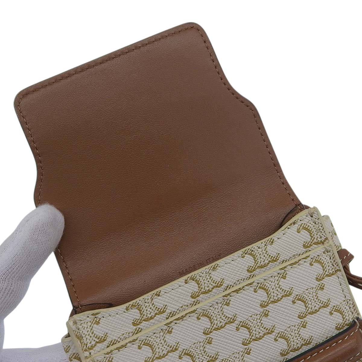 セリーヌ CELINE トリオンフ フラップ付モバイルポーチ 斜め掛け トリオンフキャンバス×ラムスキン ホワイト×タン レディース 4648