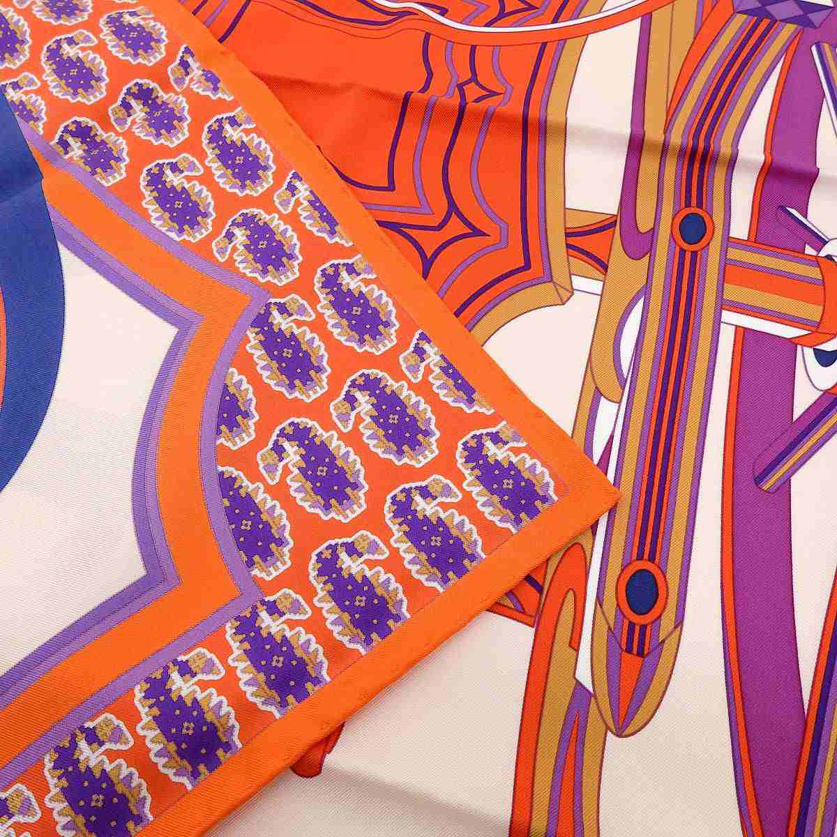 エルメス HERMES カレ90 Les Roues de Phaeton 四輪馬車の車輪 スカーフ シルク オレンジ系 レディース 8490