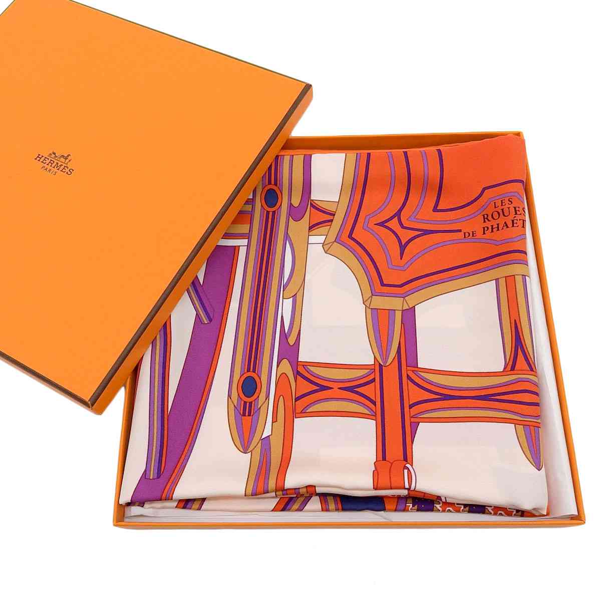エルメス HERMES カレ90 Les Roues de Phaeton 四輪馬車の車輪 スカーフ シルク オレンジ系 レディース 8490