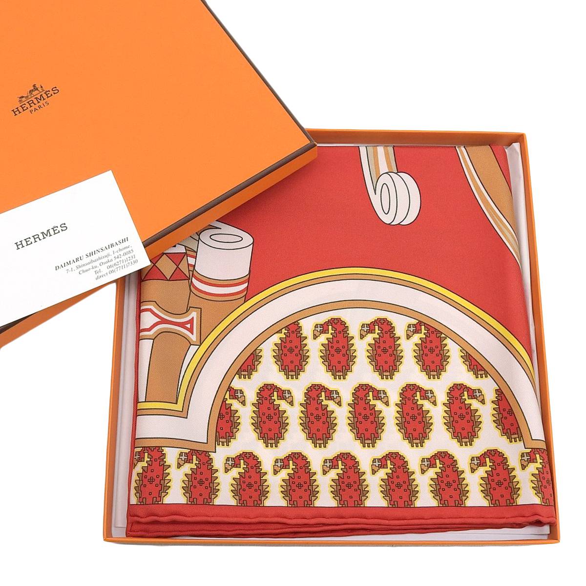 エルメス HERMES カレ90 Les Roues de Phaeton 四輪馬車の車輪 スカーフ シルク レッド系 レディース 4230