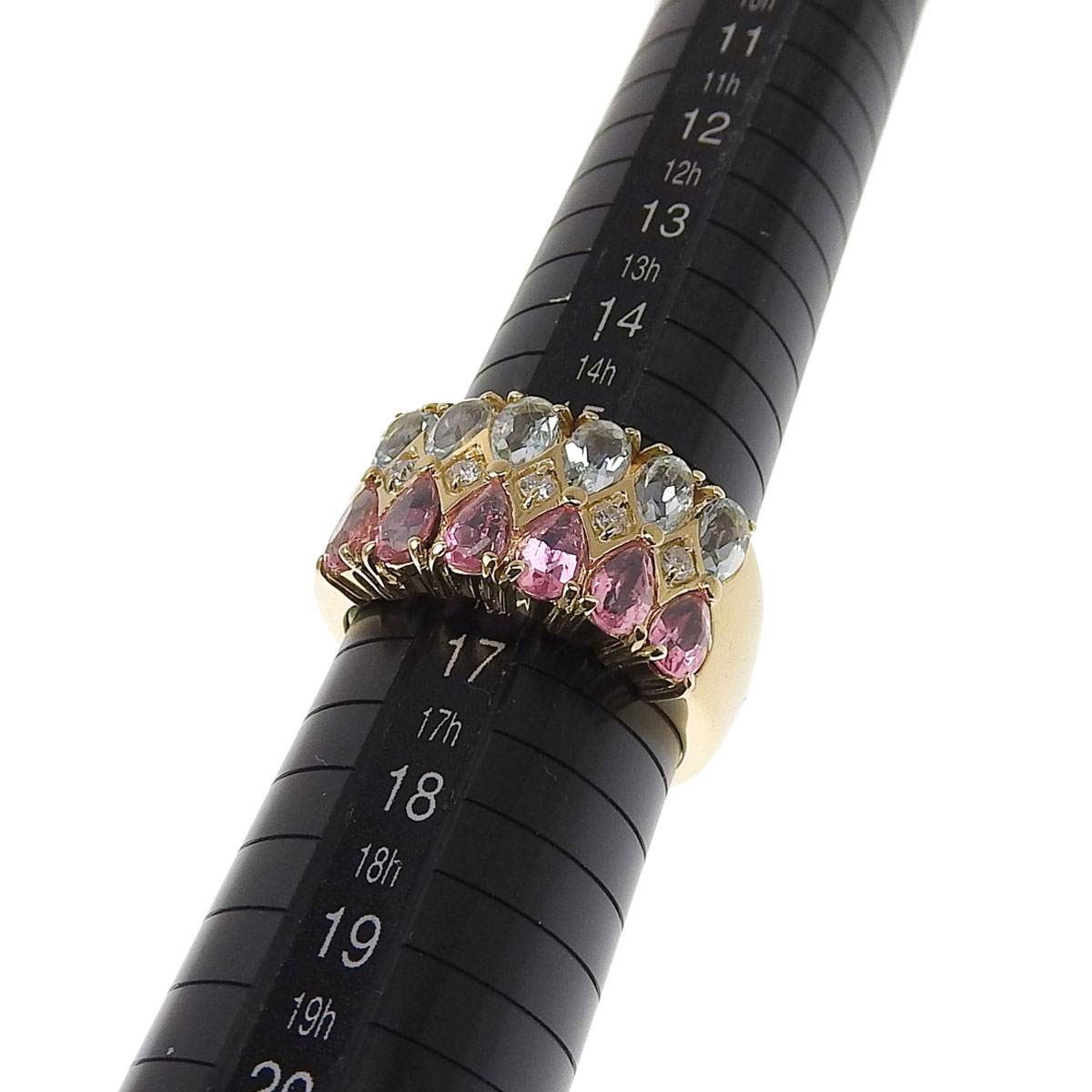 K18YG イエローゴールド アクアマリン ピンクトルマリン ダイヤモンド 0.10ct リング 指輪 約17号 レディース 8240