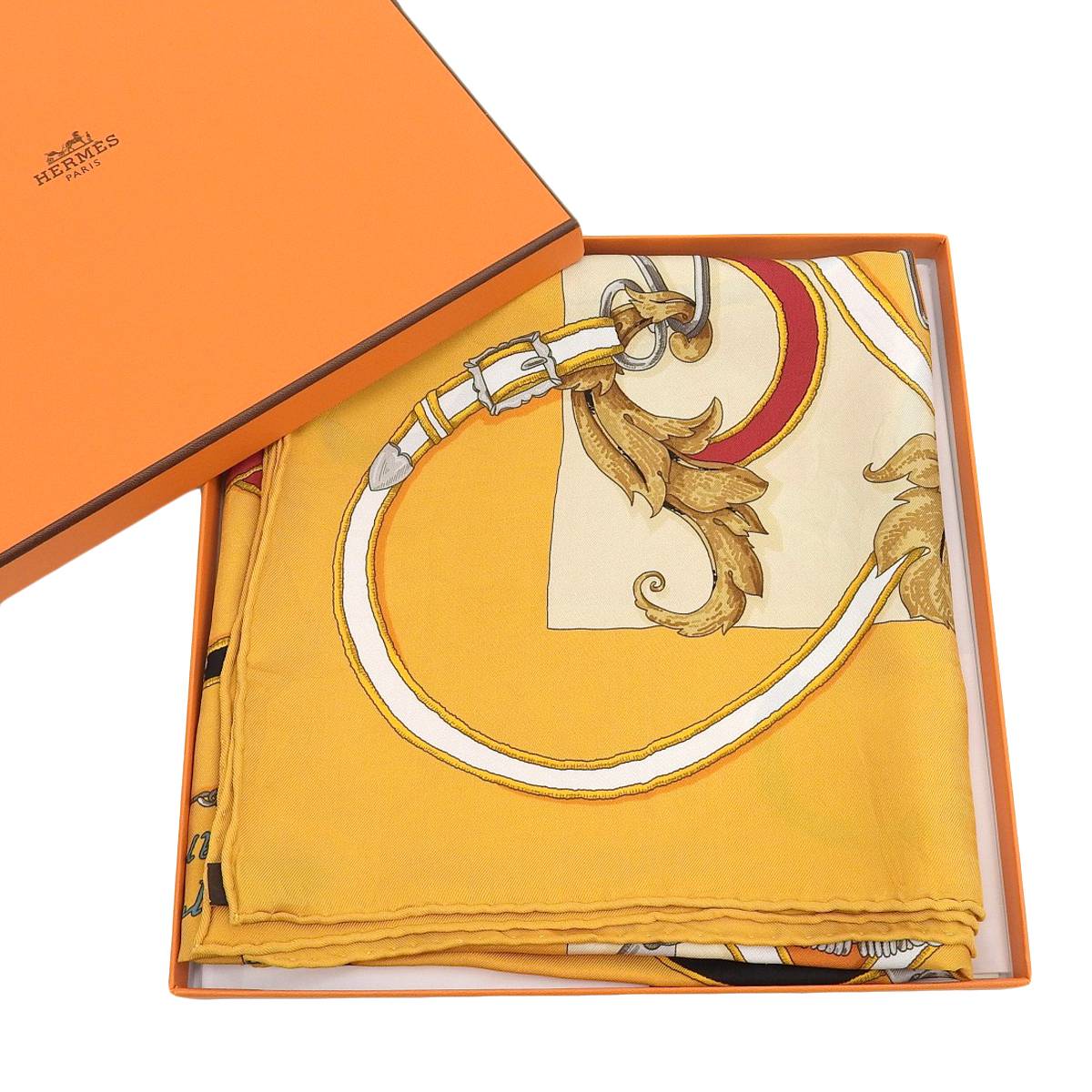 エルメス HERMES カレ90 LINSTRVCTION DV ROY 帝王学 スカーフ シルク イエロー系 レディース 4231