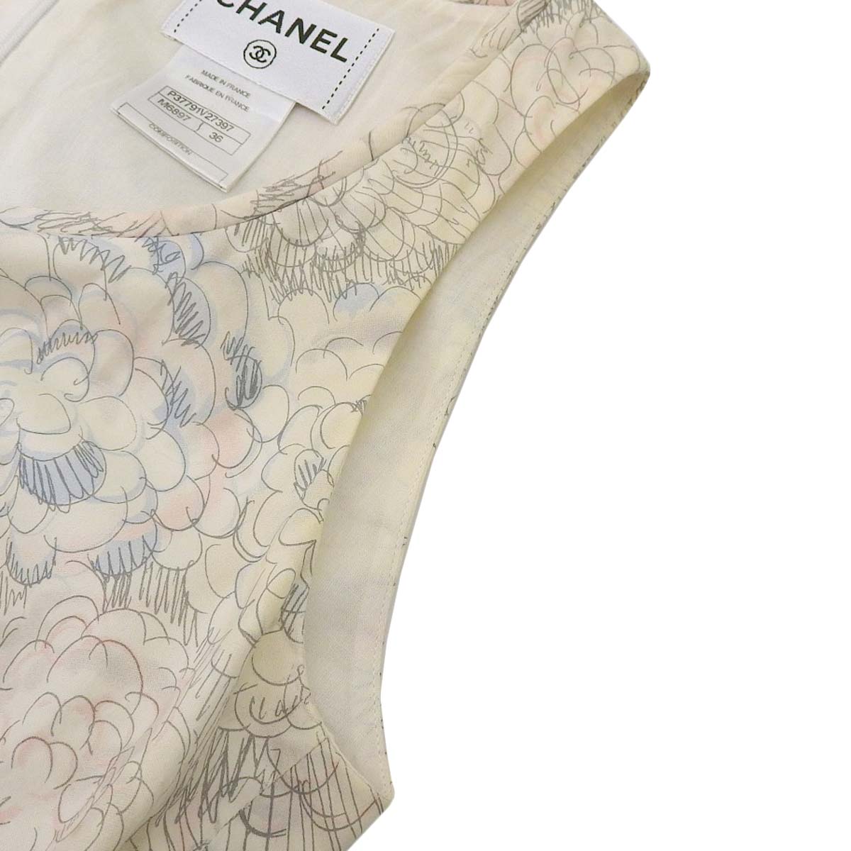 シャネル CHANEL カメリア総柄 ウエスト前紐デザイン ノースリーブ ワンピース コットン ホワイト 36 レディース 4545
