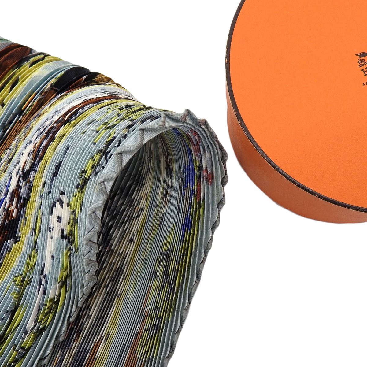 エルメス HERMES プリーツスカーフ CHANTILLY 競馬場 シルク ブルー系 レディース  4651