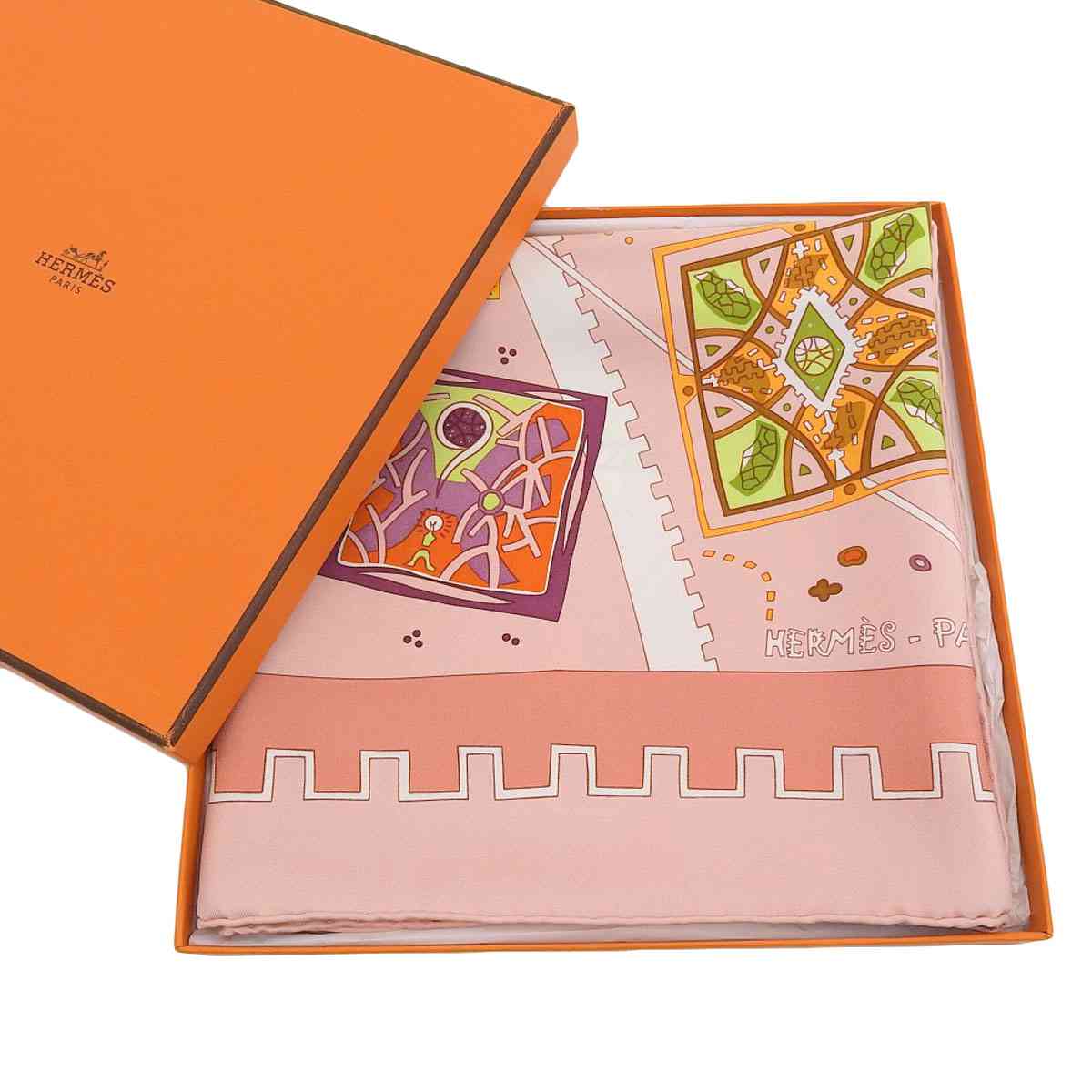 エルメス HERMES スカーフ90 La mecanique des idees アイディアの構造 シルク ピンク系 8507