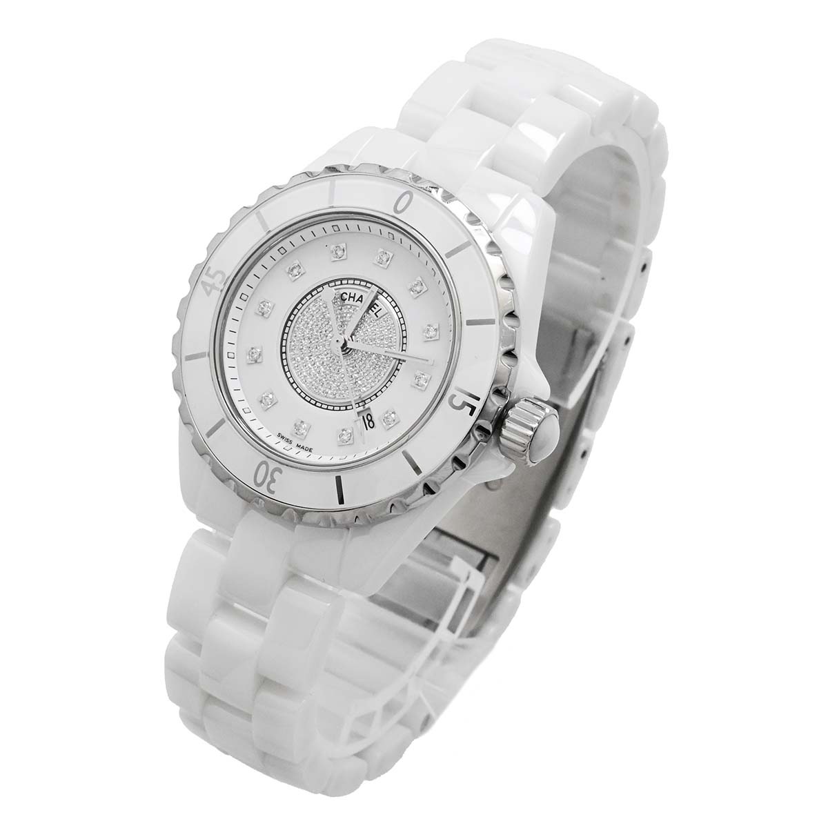 シャネル CHANEL J12 ホワイトセラミック ダイヤ12P ダイヤモンド H2123クォーツ レディース 33ｍｍ デイト 腕時計 H2123 3548