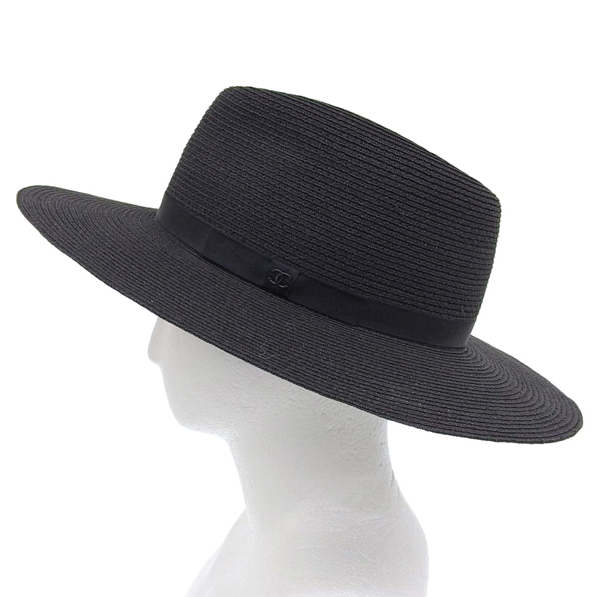 シャネル CHANEL つば広ハット ココマーク リボン 帽子 麻 ブラック L レディース 4549