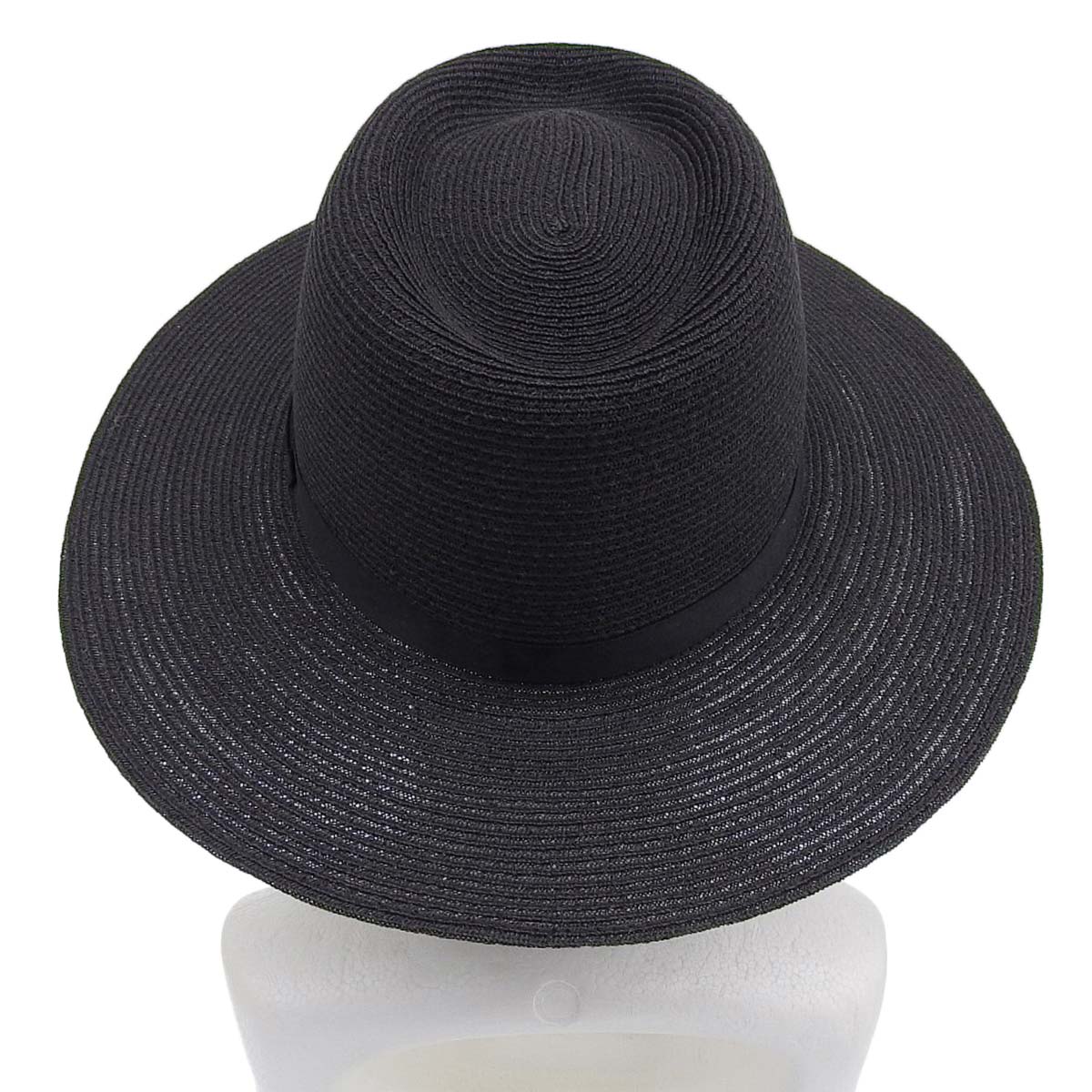 シャネル CHANEL つば広ハット ココマーク リボン 帽子 麻 ブラック L レディース 4549