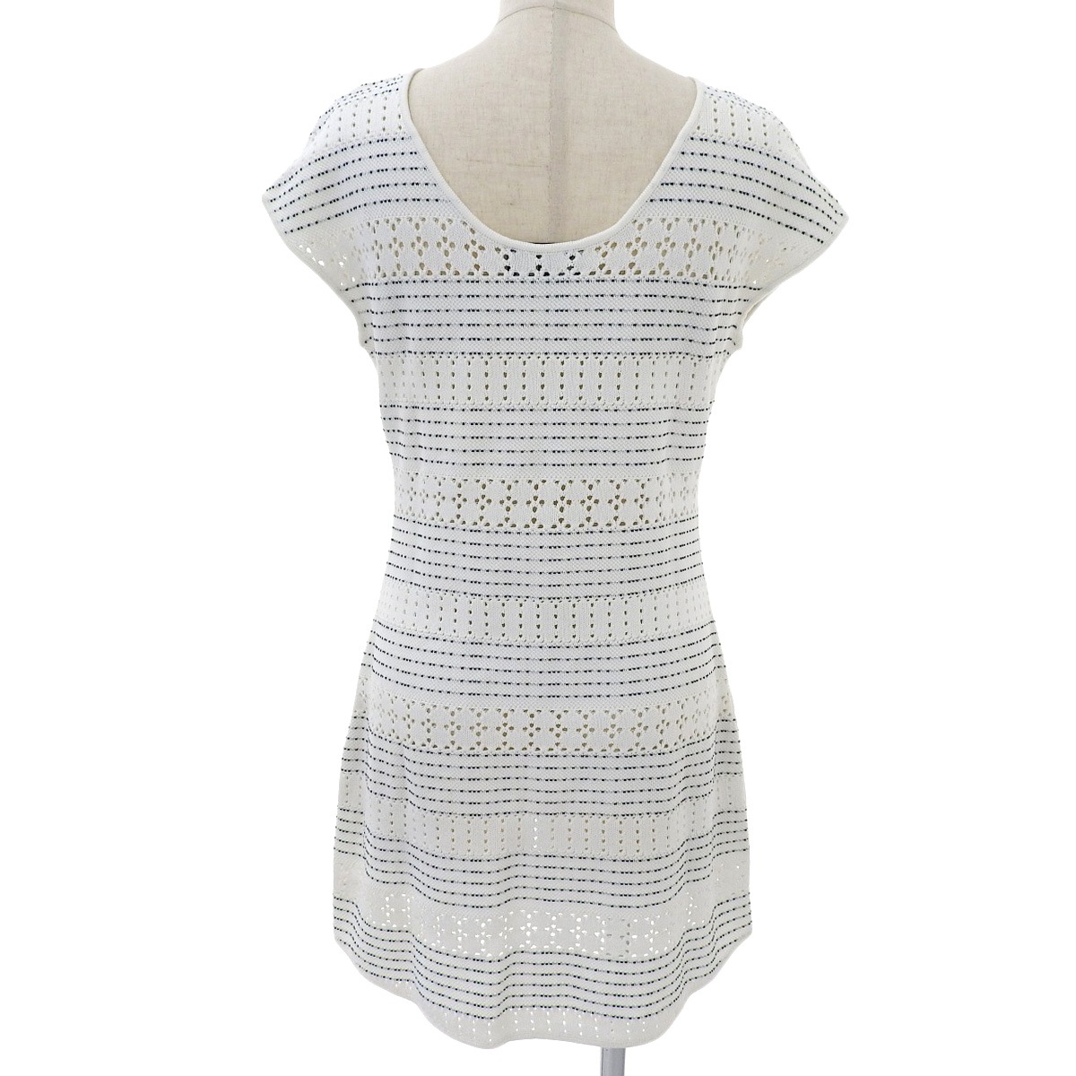 シャネル CHANEL サマーニット ボーダーワンピース フレンチスリーブ ポケット コットン ホワイト サイズ36 レディース P56156K07339 4655