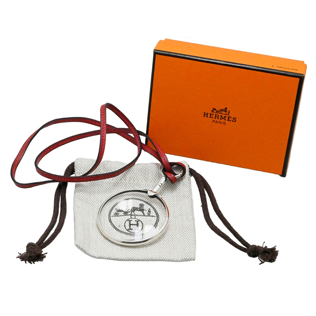 エルメス HERMES SV925 シルバー レザー ルーペ ネックレス 赤 レッド  3749