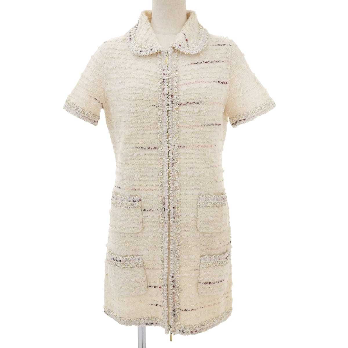 シャネル CHANEL ミックスツィード チュニックワンピース 半袖ニット ウールカシミヤ他 オフホワイト×ミックス サイズ40 レディース 4355