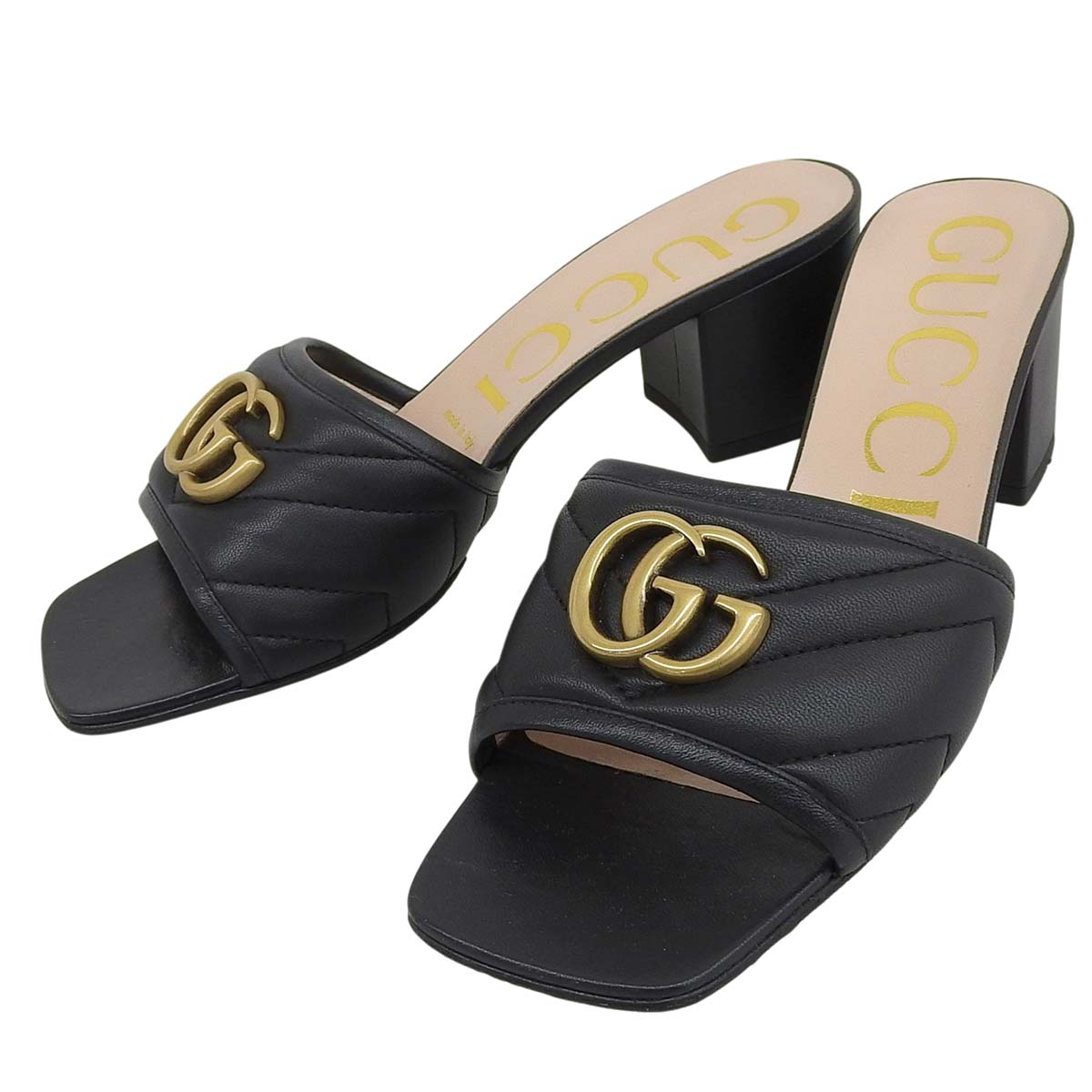 グッチ GUCCI ダブルGマーモント サンダル ミュール レザー ゴールド金具 ブラック サイズ37 1/2 24.5cm レディース 4794