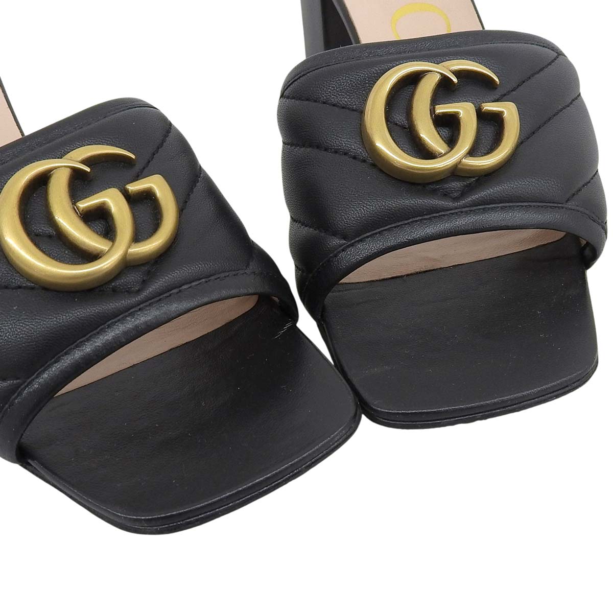 GUCCI ブラック ミュール 36½ グッチ GUCCI ダブルGマーモント サンダル ミュール レザー ゴールド