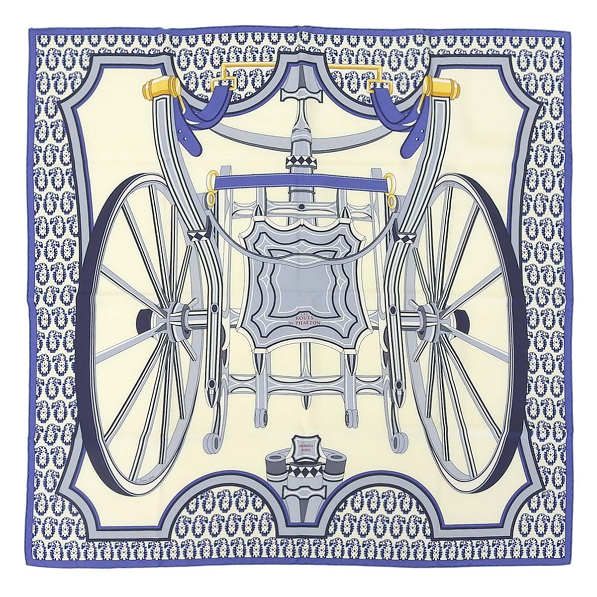 エルメス HERMES カレ90 LES ROUES DE PHAETON 四輪馬車の車輪 スカーフ シルク クリーム×ブルー系 レディース 4672