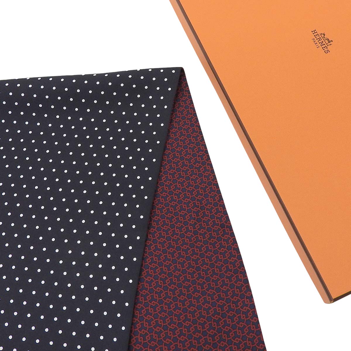 Hermès シルク ハンカチ レッド ネイビー エルメス HERMES 水玉 鎖 リバーシブル スカーフ シルク