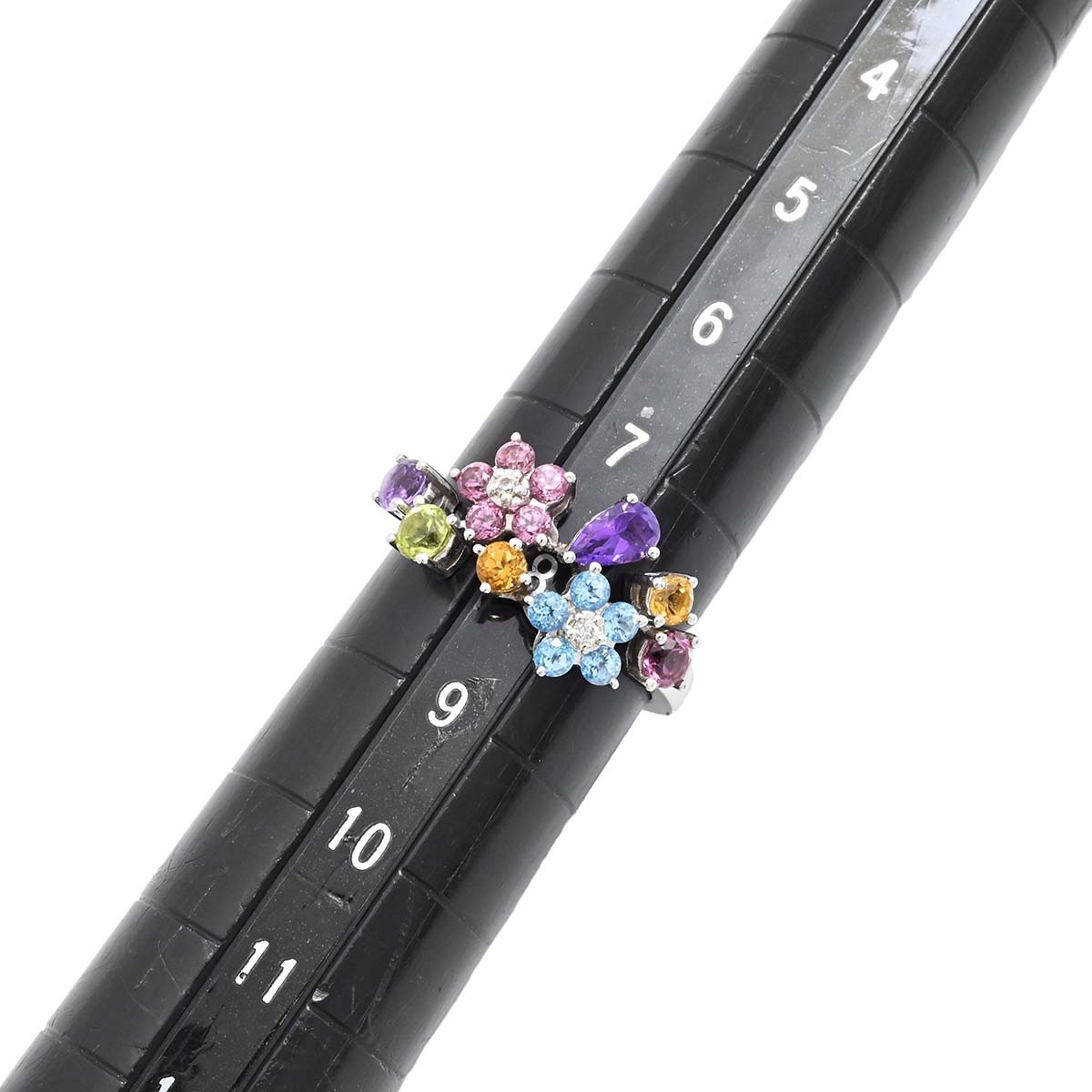 ポンテヴェキオ PONTE VECCHIO K18WG ダイヤ0.02ct アメジスト シトリン ガーネット ペリドット トパーズ マルチ フラワー リング 8号 3580