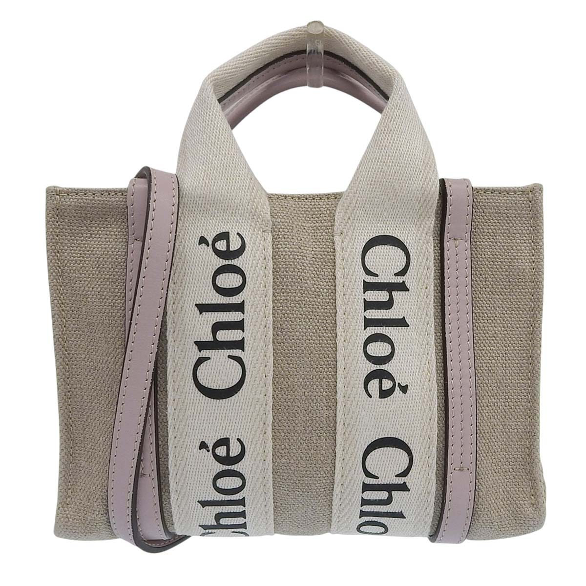 クロエ CHLOE ウッディスモール ハンドバッグ ショルダーバッグ ななめ掛け リネン×レザー ベージュ×ピンク レディース 4677