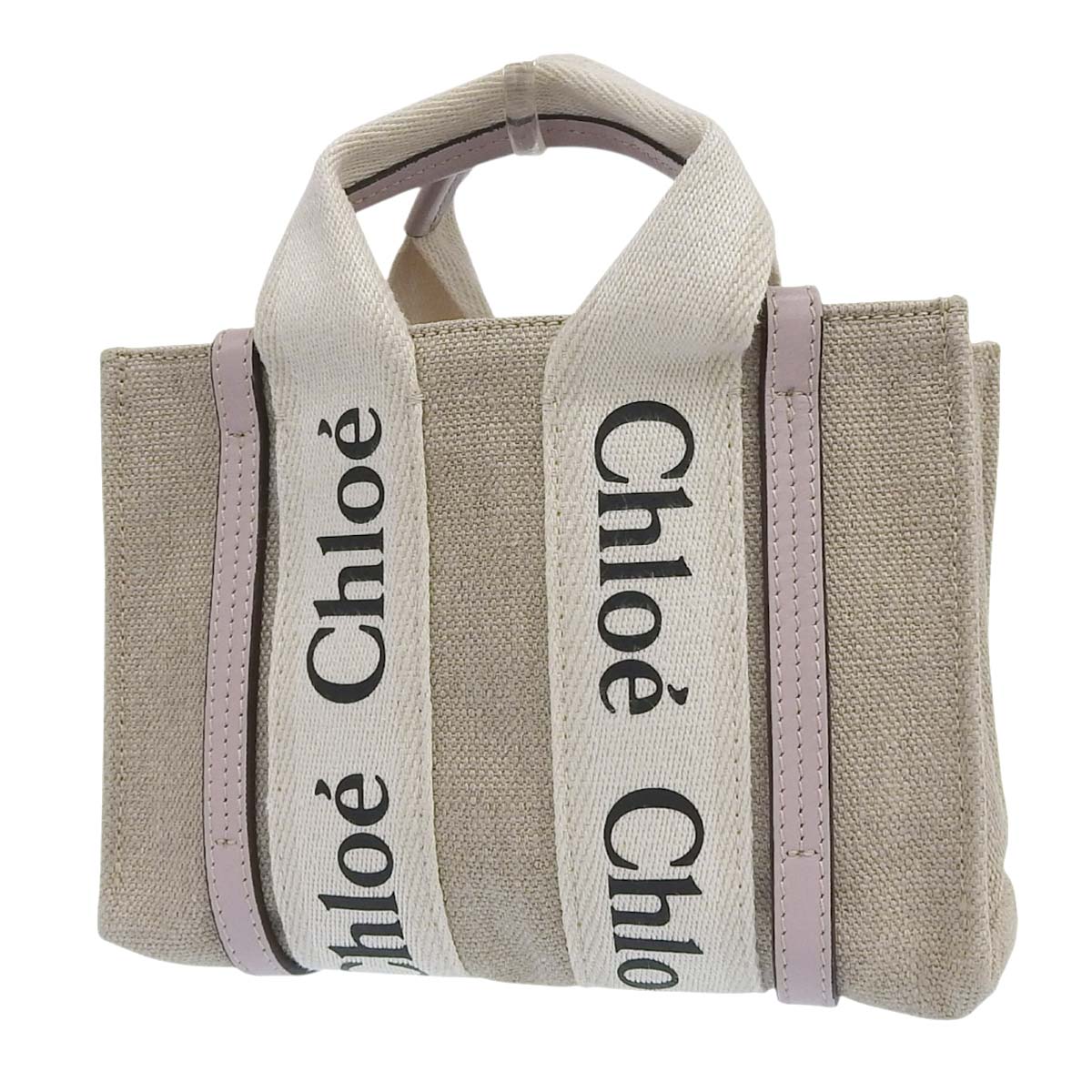 クロエ CHLOE ウッディスモール ハンドバッグ ショルダーバッグ ななめ掛け リネン×レザー ベージュ×ピンク レディース 4677
