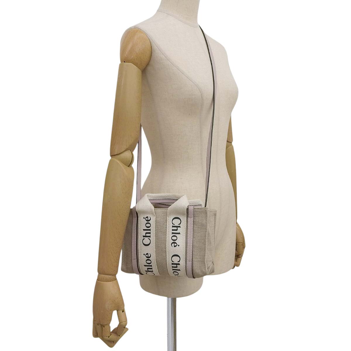 クロエ CHLOE ウッディスモール ハンドバッグ ショルダーバッグ ななめ掛け リネン×レザー ベージュ×ピンク レディース 4677