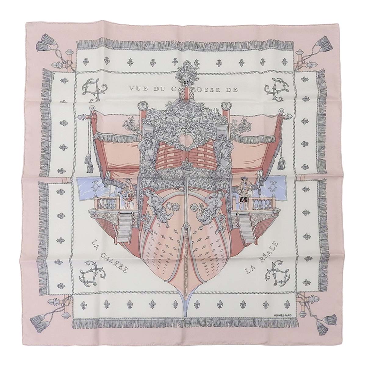 エルメス HERMES カレ90 スカーフ VUE DU CAROSSE DE LA GALERE LA REALE クイーンの戴冠式 シルク ピンク×ホワイト レディース 4555