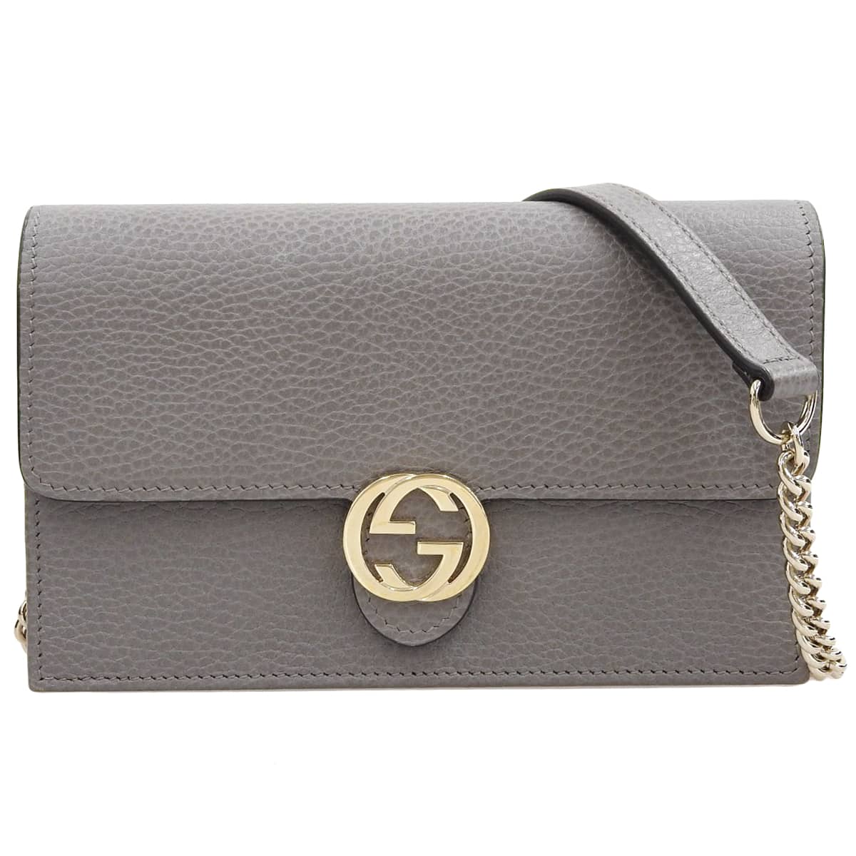 グッチ GUCCI インターロッキング チェーンウォレット ななめ掛け レザー グレー ゴールド金具 レディース 4828