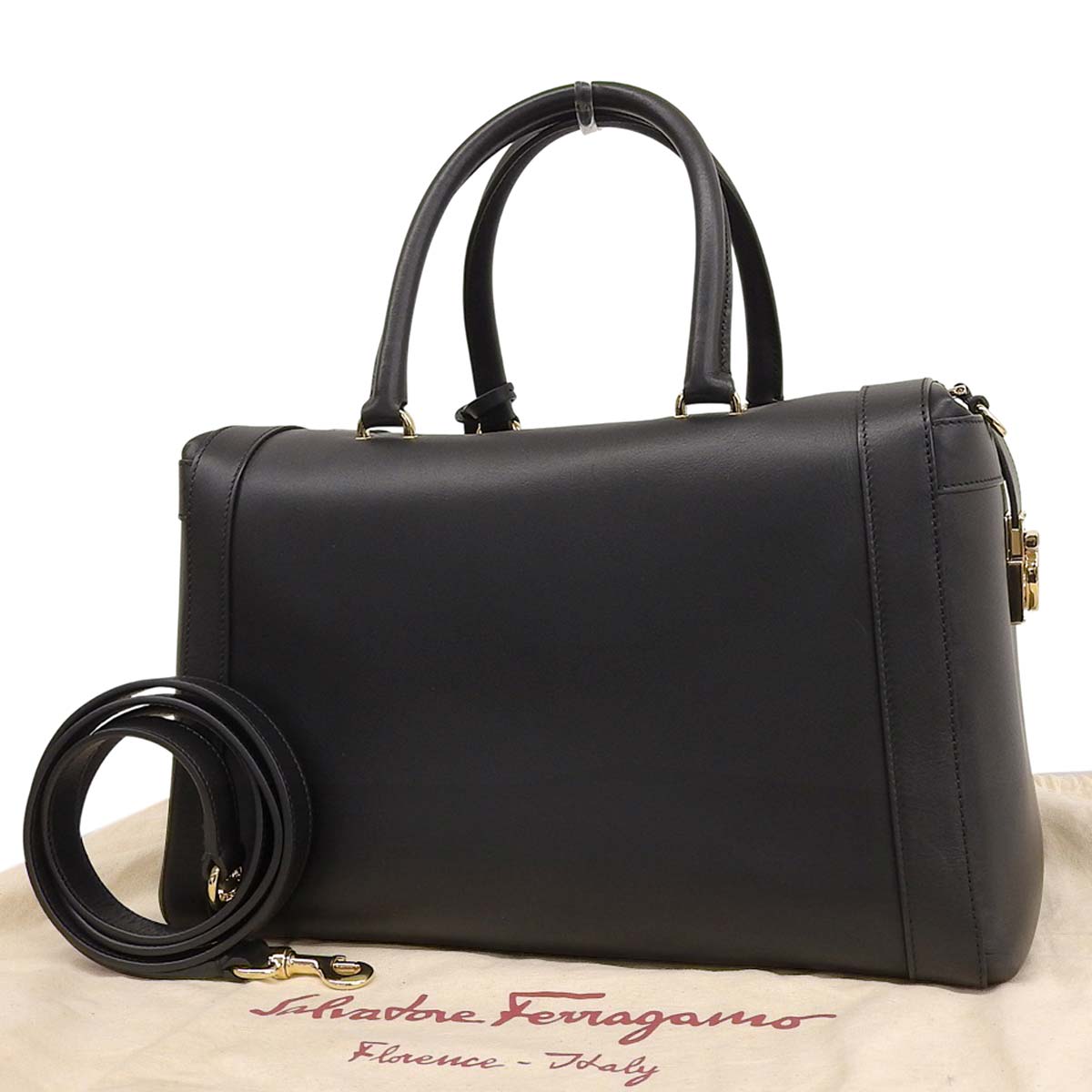 フェラガモ FERRAGAMO ガンチーニ 2WAYボストンバッグ ハンドバッグ ショルダー ななめ掛け レザー ゴールド金具 ブラック レディース 4704