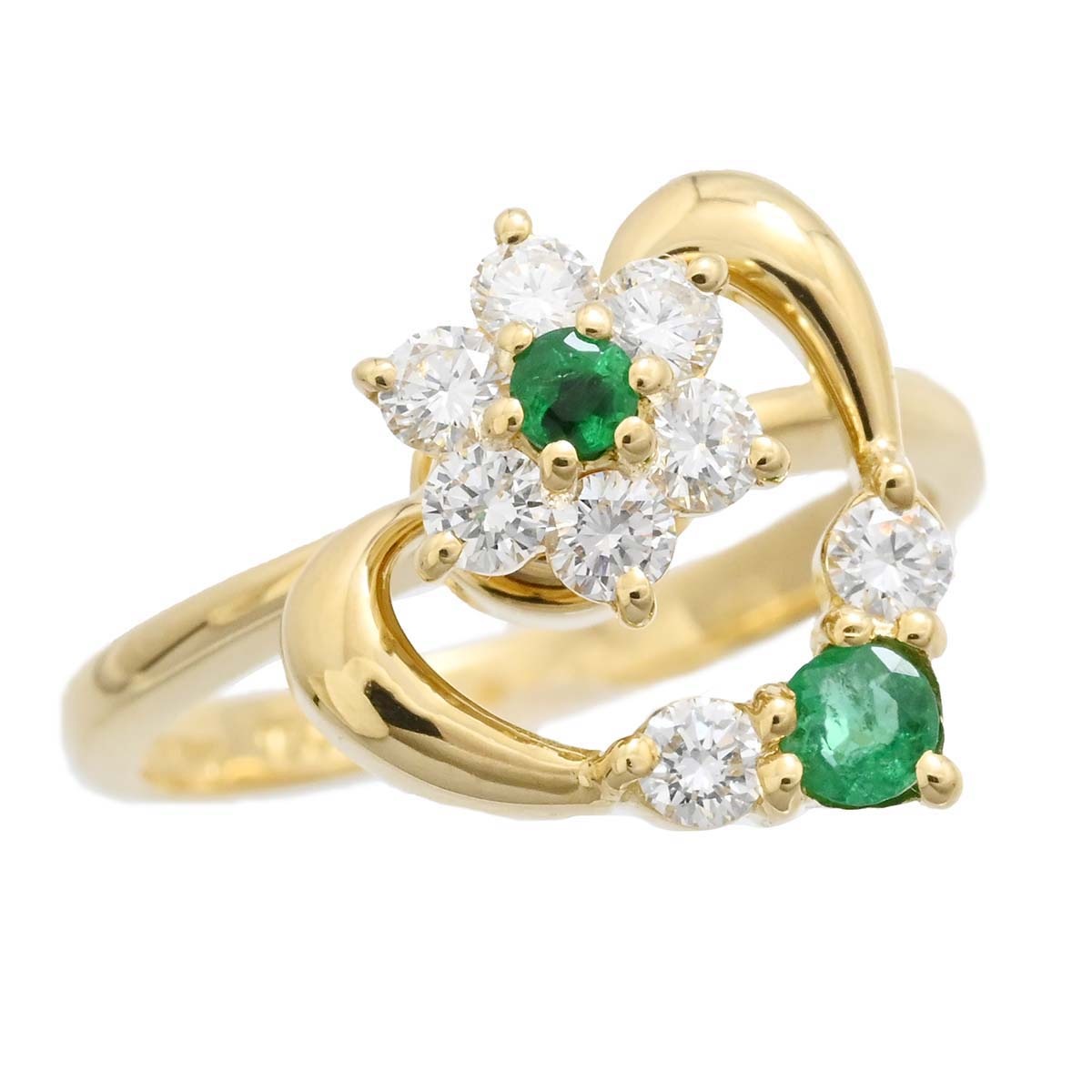 ウォルサム WALTHAM 750YG イエローゴールド ダイヤ エメラルド スウィング ハート フラワー リング 12号 レディース  3587