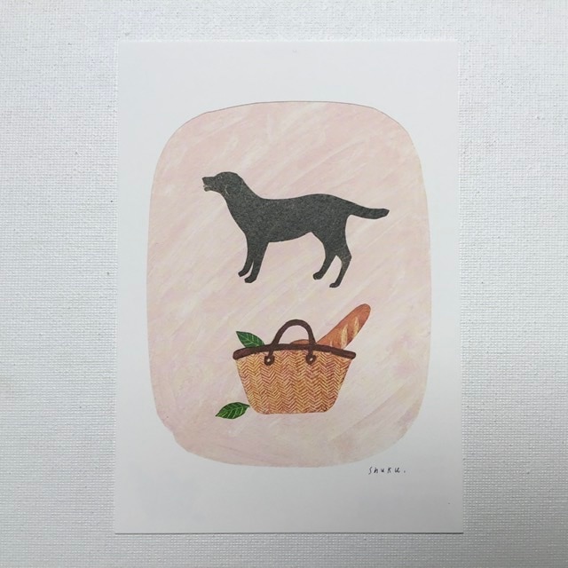 Nishishuku 西淑 ポストカード 黒い犬 バスケット フランスパン