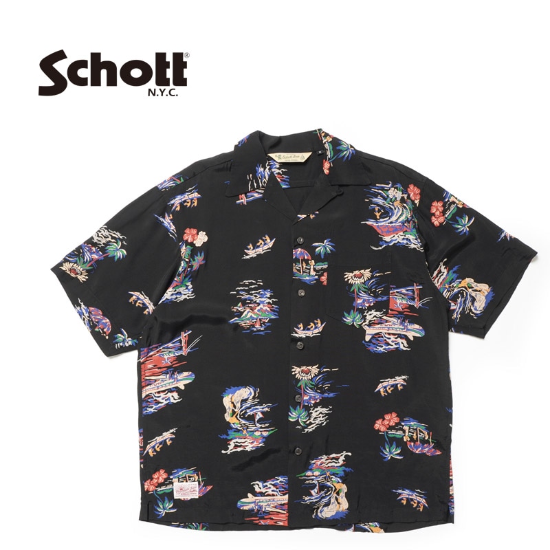 schott半袖シャツ Schott N.Y.C ショット 刺繍 ボーリングシャツ 開襟シャツ