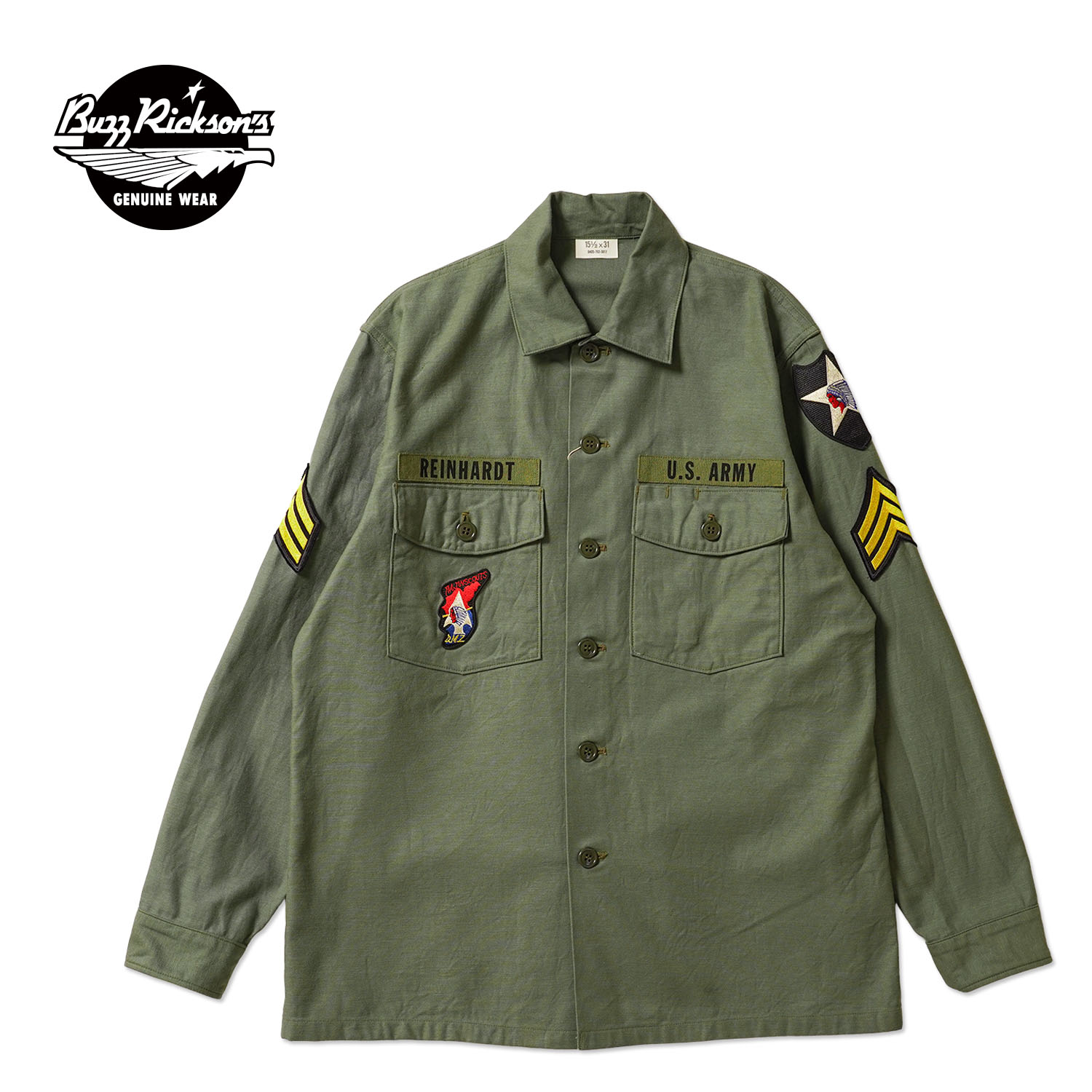 BUZZ RICKSON'S �Х��ꥯ���� ���㥱�å�  SHIRT MAN'S COTTON SATEEN OLIVE GREEN SHADE107  "DEMILITARIZED ZONE" BR29586