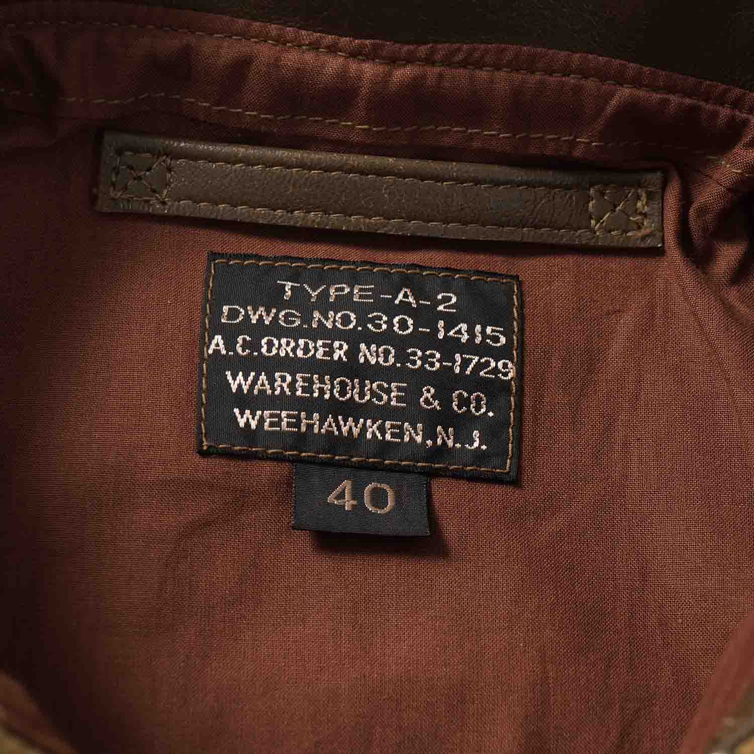 WAREHOUSE �������ϥ��� ���㥱�å� A-2  Lot 2232  "WERBER LEATHER COAT CO. TYPE A-2 JACKET ORDER NO.33-1729"  2232 (25SS)