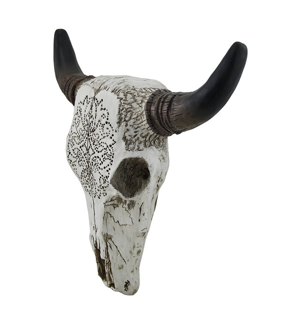 ��²�ǥ�����Τ��� ��ͺ�� Ƭ���� ������ Ħ�� Ħ��/ Tribal Design Carved White Bull Skull Wall Hanging��͢���ʡ�