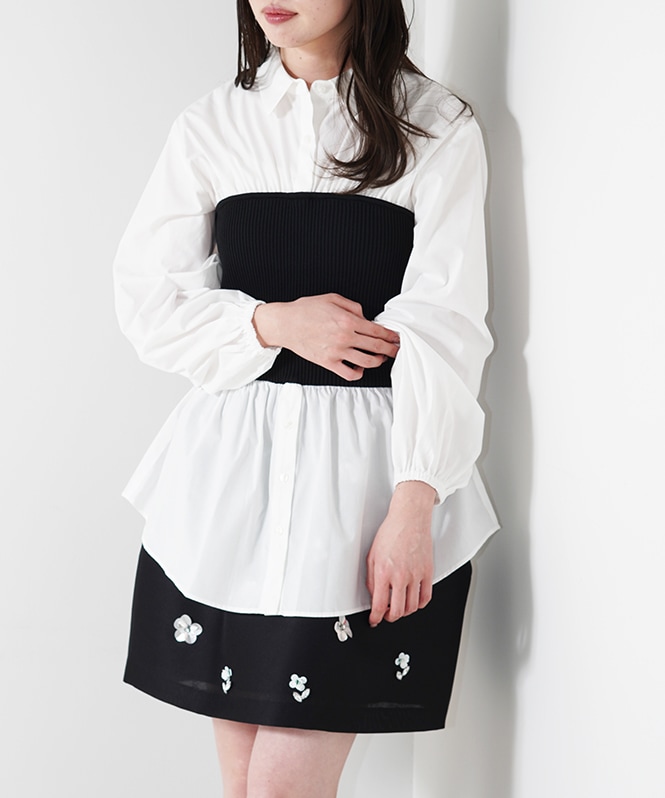 ビスチェドッキングストライプシャツ R082733 ROSIEE ロージー ブラウス 洗える チュニック丈 体型カバー ストレッチ入り ブラック 黒 ３シーズン デート SALE！ROSIEE ロージー ニットビスチェドッキングシャツ R082733