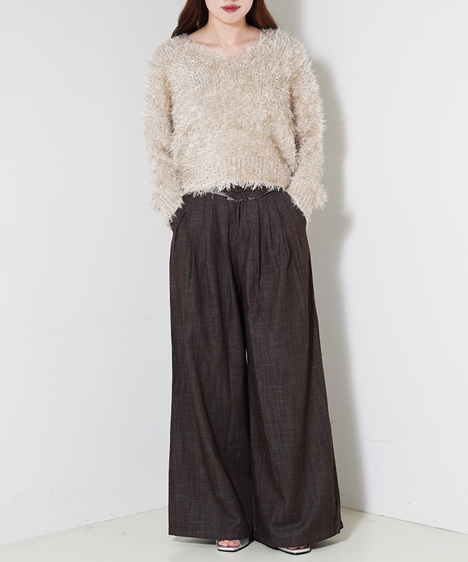 V-neck Shaggy Knit Tops