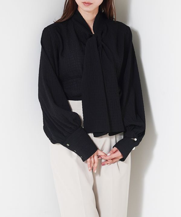 シアーテクスチャーボウタイ風ブラウス