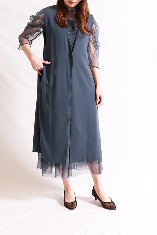 【美品】VALERIANE フレア袖チュールワンピースドレス　Lサイズ 美品】VALERIANE フレア袖チュールワンピースドレス Lサイズ