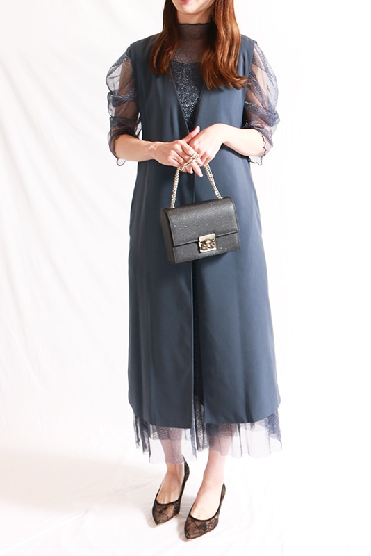 【美品】VALERIANE フレア袖チュールワンピースドレス　Lサイズ 美品】VALERIANE フレア袖チュールワンピースドレス Lサイズ