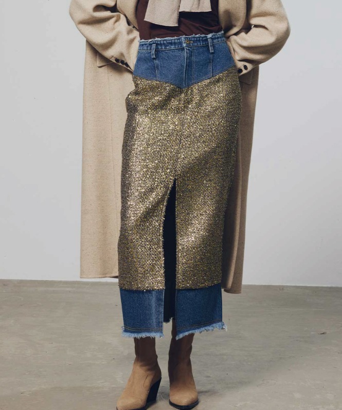 ラメツイードドッキングスカート