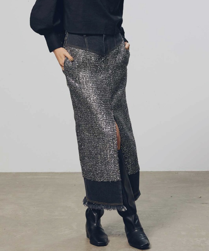 ラメツイードドッキングスカート