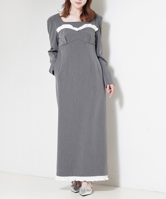 frills trim long dress