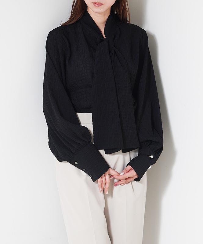 シアーテクスチャーボウタイ風ブラウス