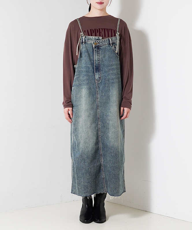 裾フリンジデニムジャンスカワンピース