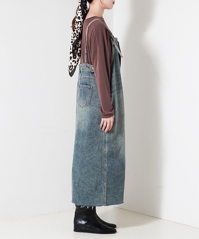 裾フリンジデニムジャンスカワンピース