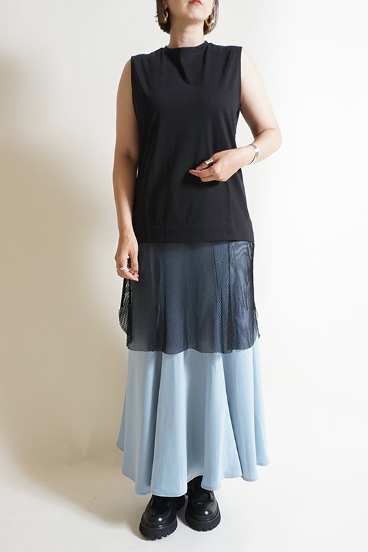裾メッシュノースリーブトップス
