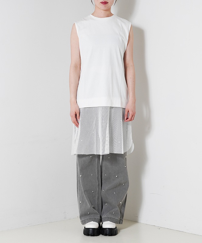 裾メッシュノースリーブトップス