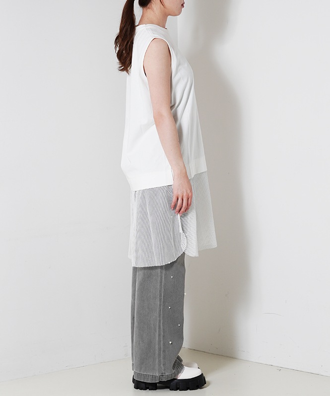 裾メッシュノースリーブトップス