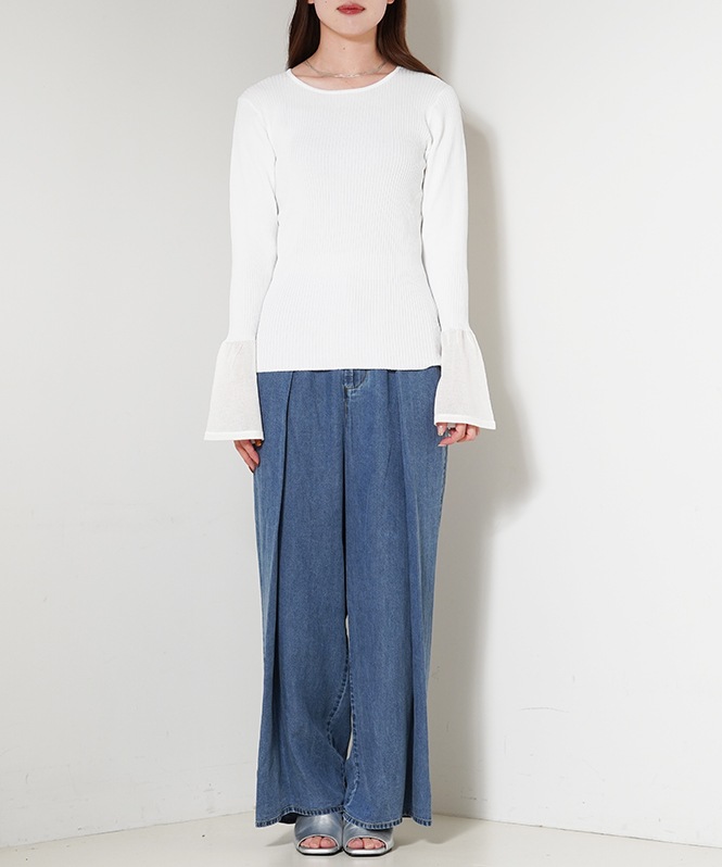 裾シアー切替えベルスリーブニット